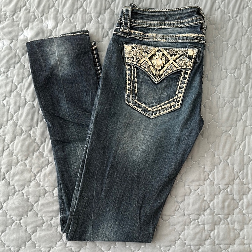 Miss Me Blue Ankle Skinny Jeans with Ornate Detailing